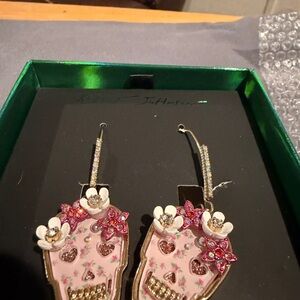Betsey Johnson Pink Floral Skull Drop Earrings | Rhinestone Sugar Skull | NWT |